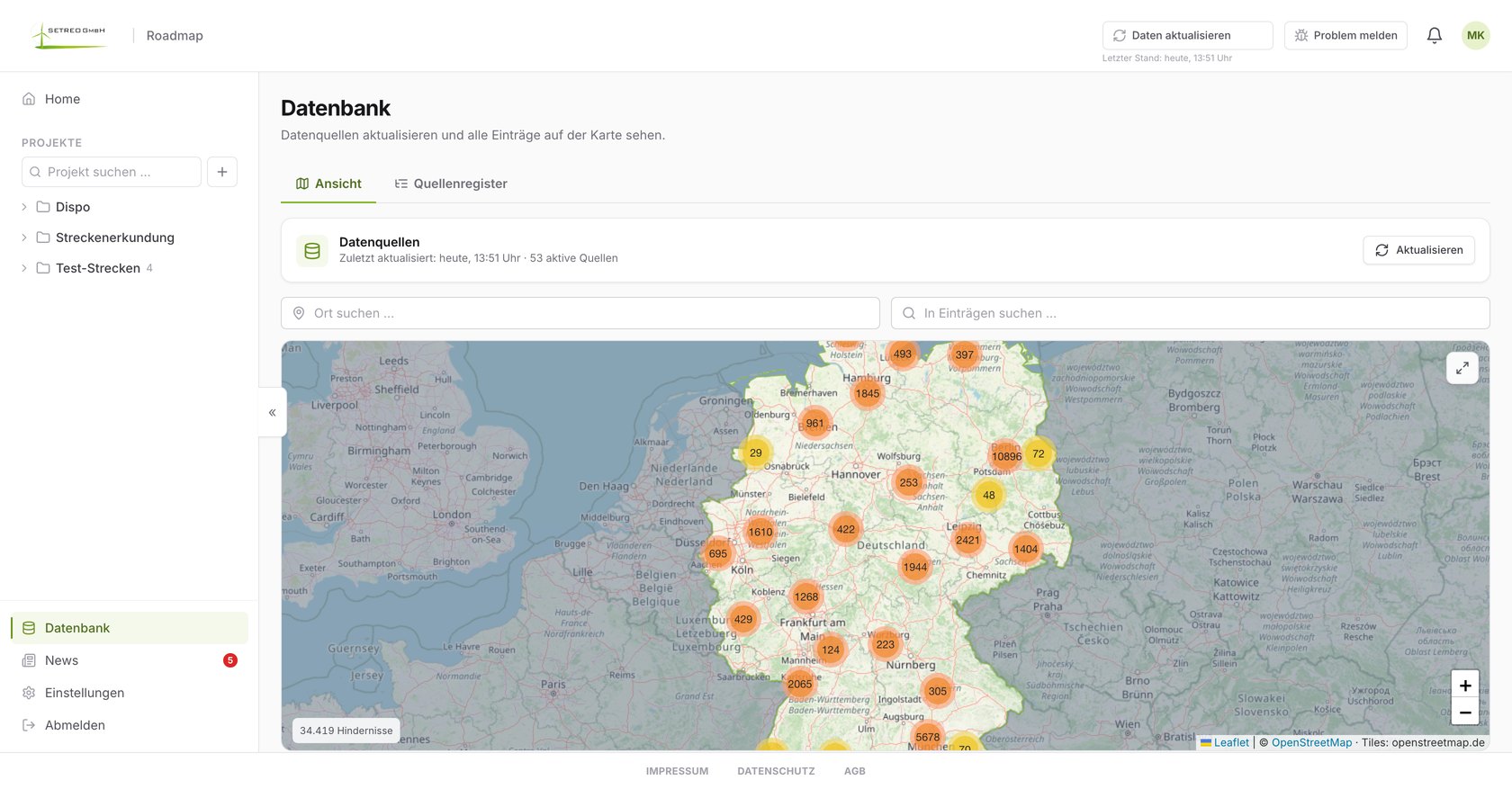 Setreo Roadmap Hindernisdatenbank mit deutschlandweiter Abdeckung: 34.828 Einträge aus 55 offiziellen Quellen, geclustert auf der Karte